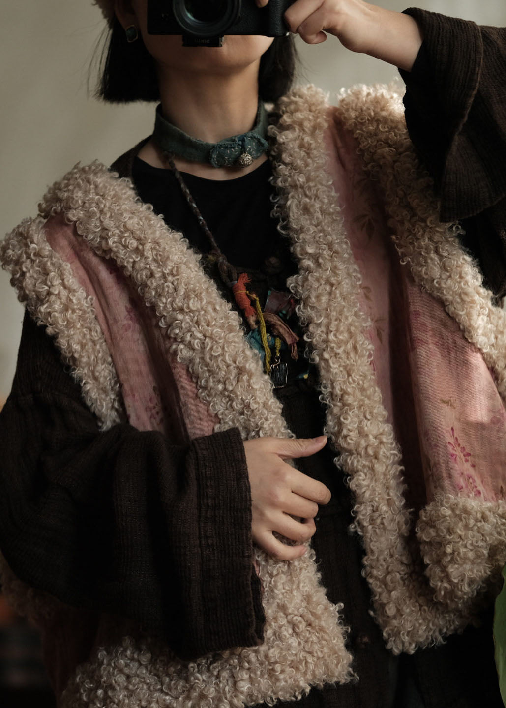 Unique Pink Faux Fur Patchwork Fine Cotton Filled Vest Sleeveless