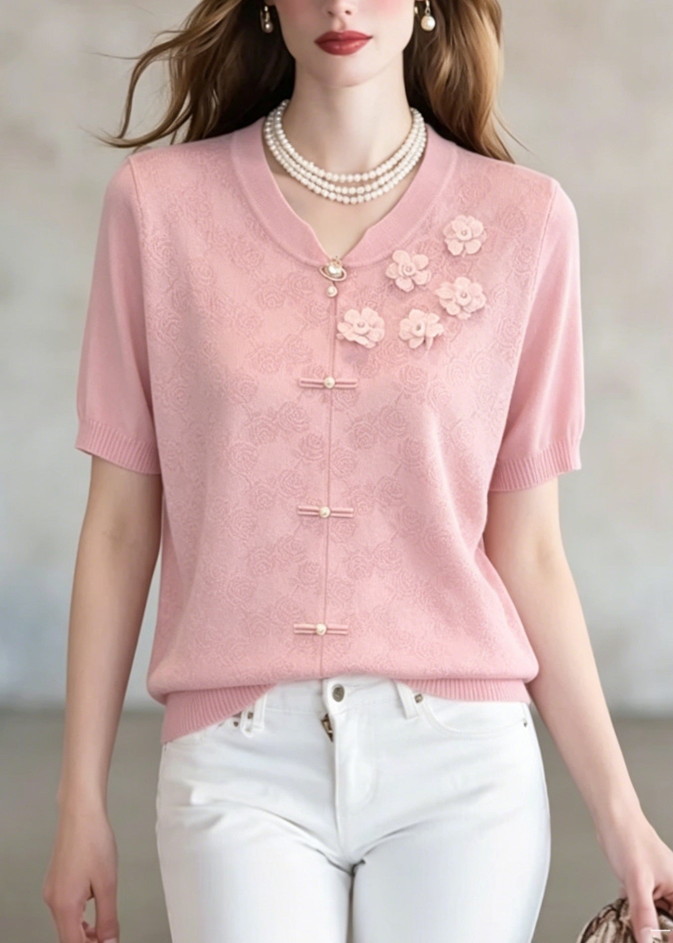 Unique Pink Jacquard Floral Thin Knit Top Summer