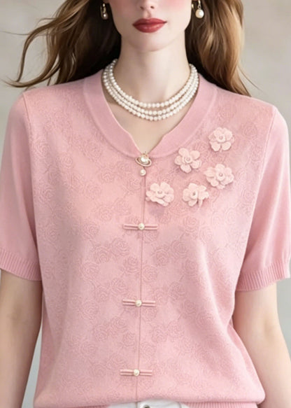 Unique Pink Jacquard Floral Thin Knit Top Summer