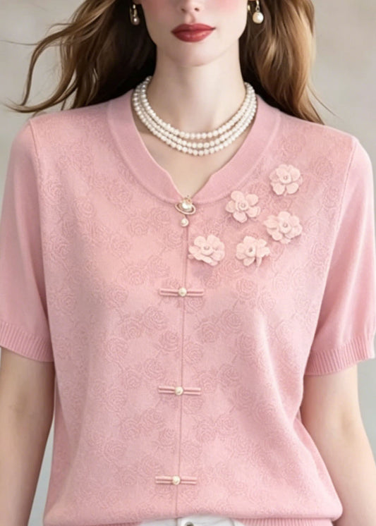 Unique Pink Jacquard Floral Thin Knit Top Summer