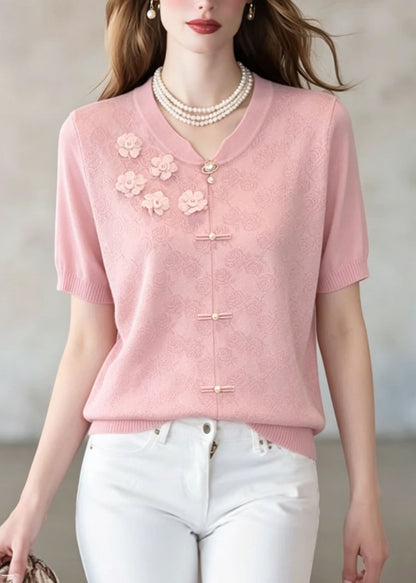 Unique Pink Jacquard Floral Thin Knit Top Summer