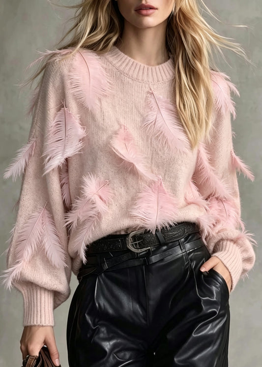 Unique Pink O Neck Feather Loose Knit Sweaters Fall