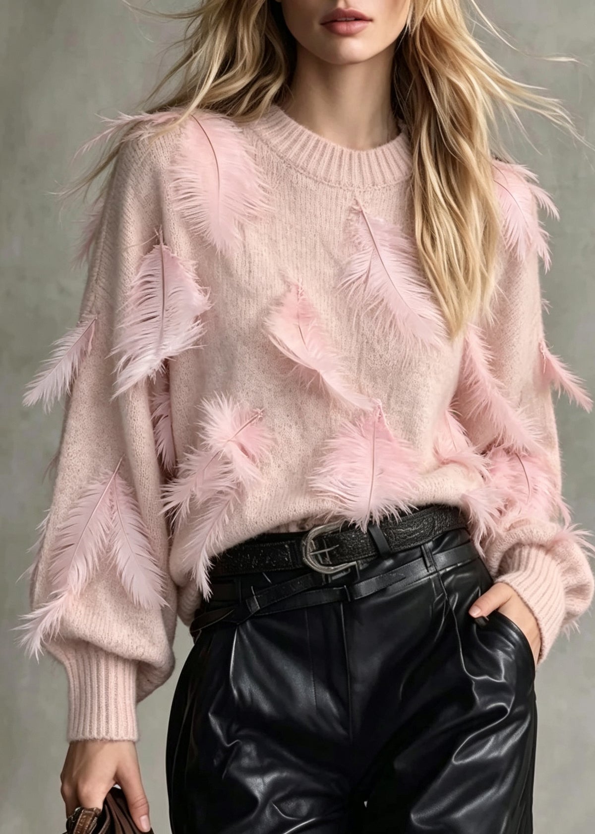 Unique Pink O Neck Feather Loose Knit Sweaters Fall