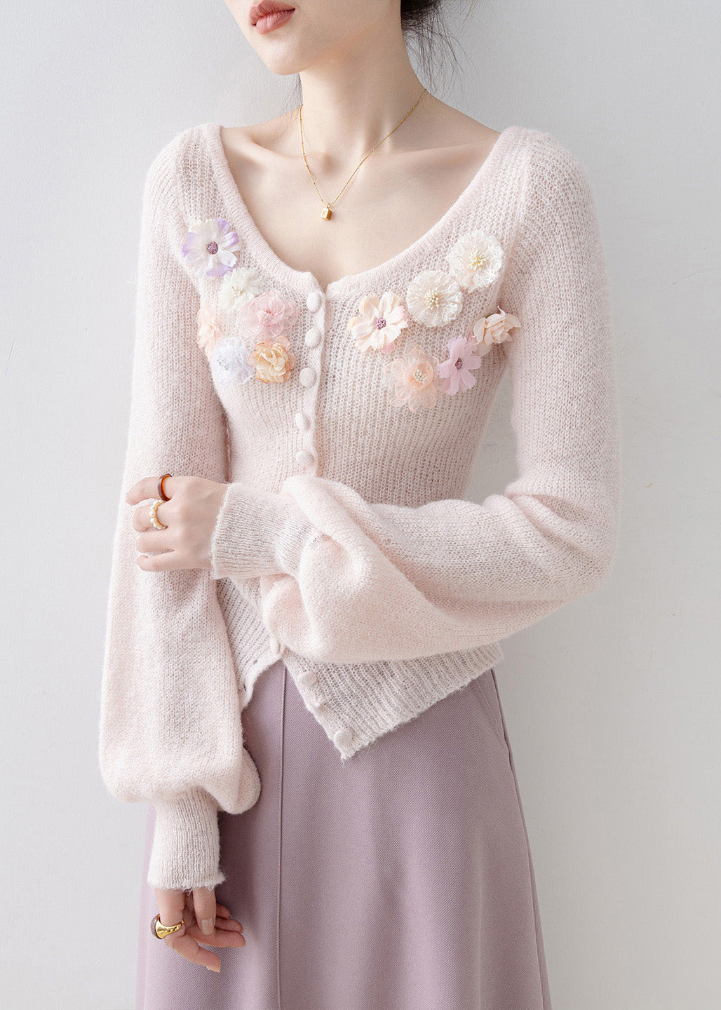 Unique Pink O Neck Floral Knit Sweaters Lantern Sleeve