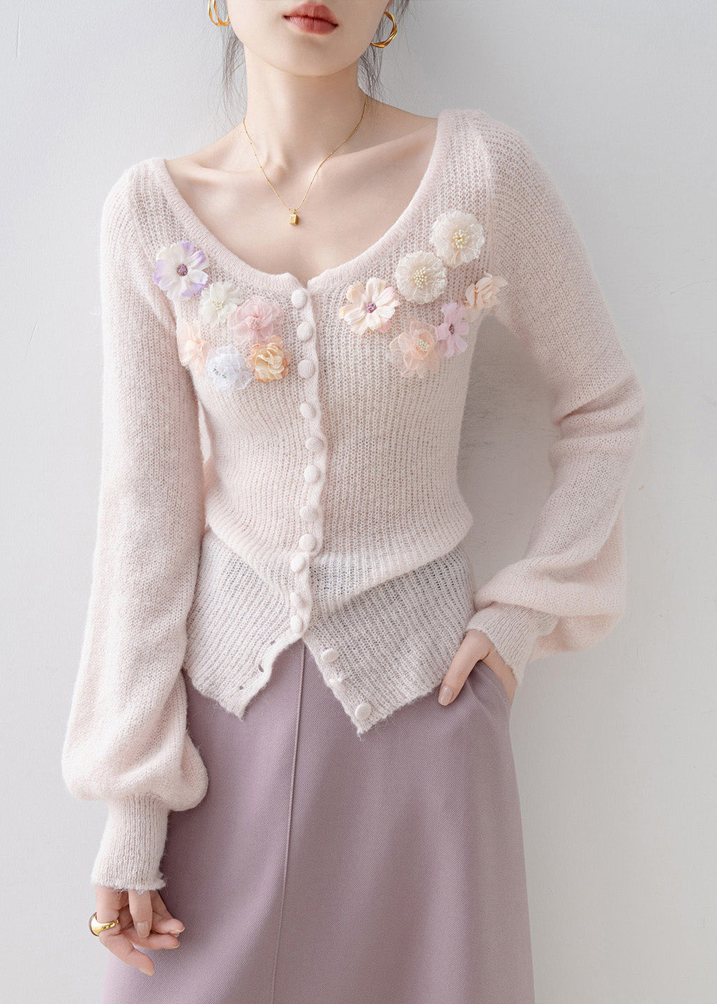 Unique Pink O Neck Floral Knit Sweaters Lantern Sleeve