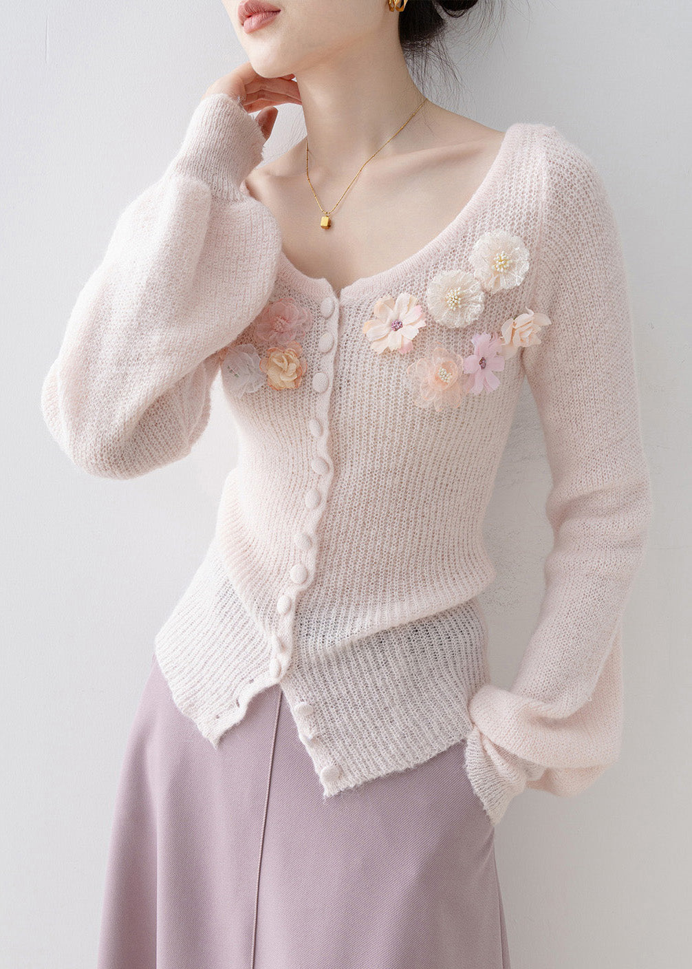 Unique Pink O Neck Floral Knit Sweaters Lantern Sleeve