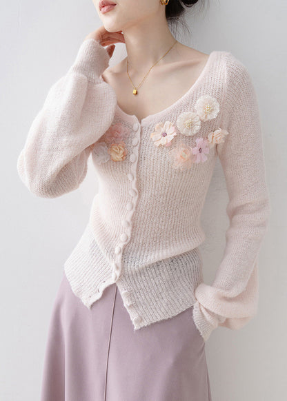 Unique Pink O Neck Floral Knit Sweaters Lantern Sleeve