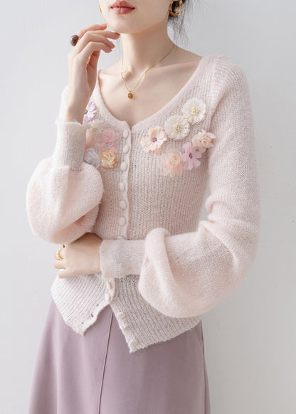 Unique Pink O Neck Floral Knit Sweaters Lantern Sleeve
