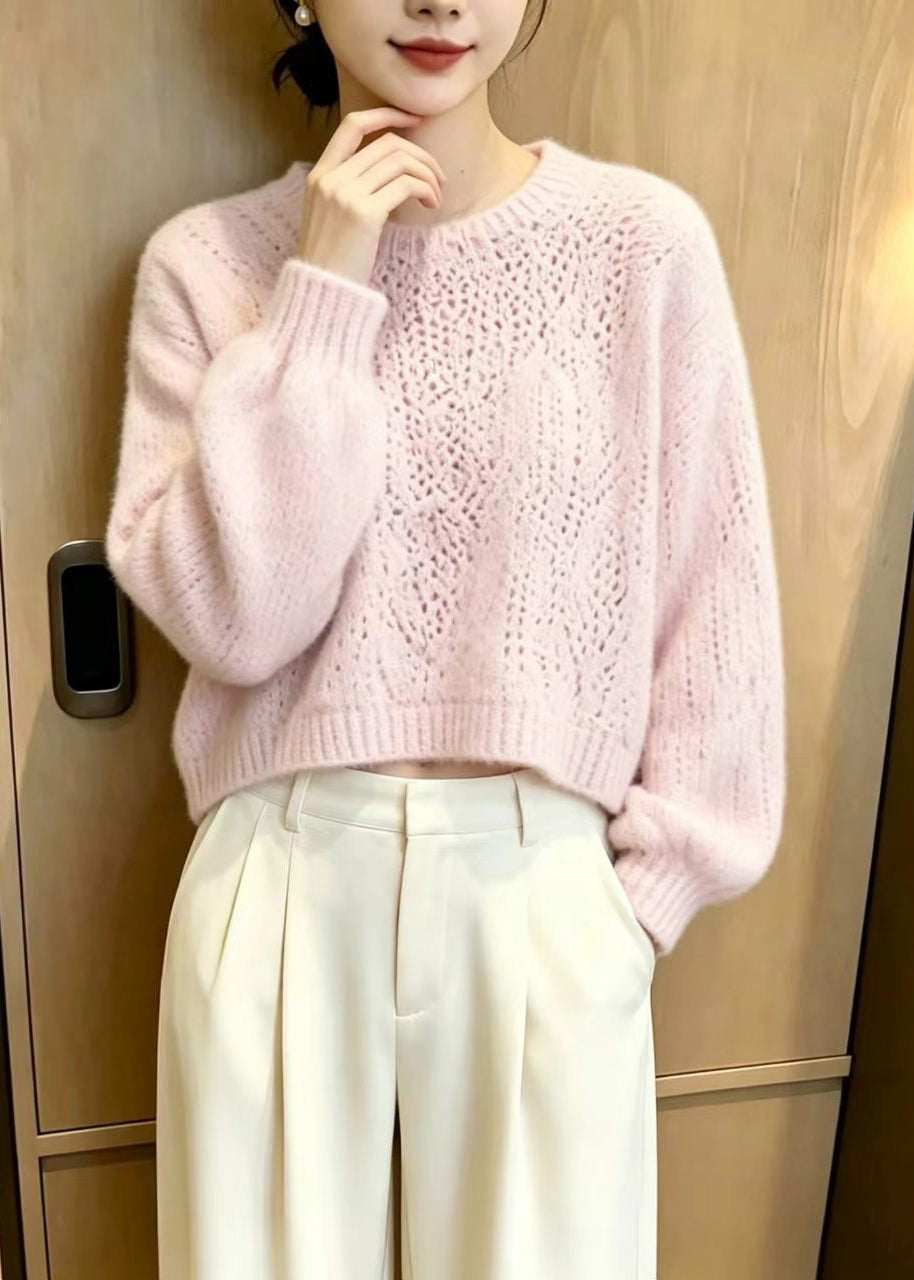 Unique Pink O-Neck Knit Short Sweater Long Sleeve
