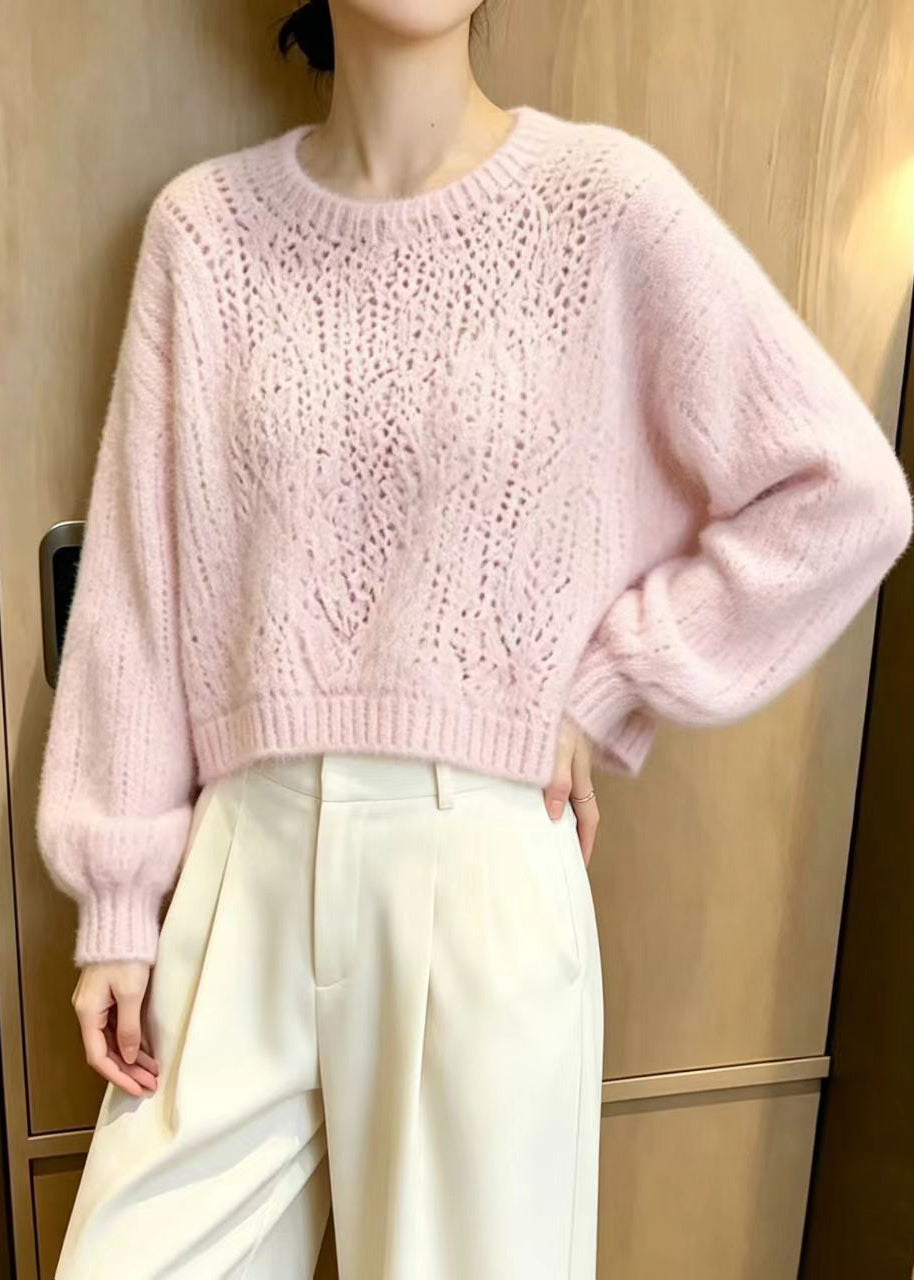 Unique Pink O-Neck Knit Short Sweater Long Sleeve