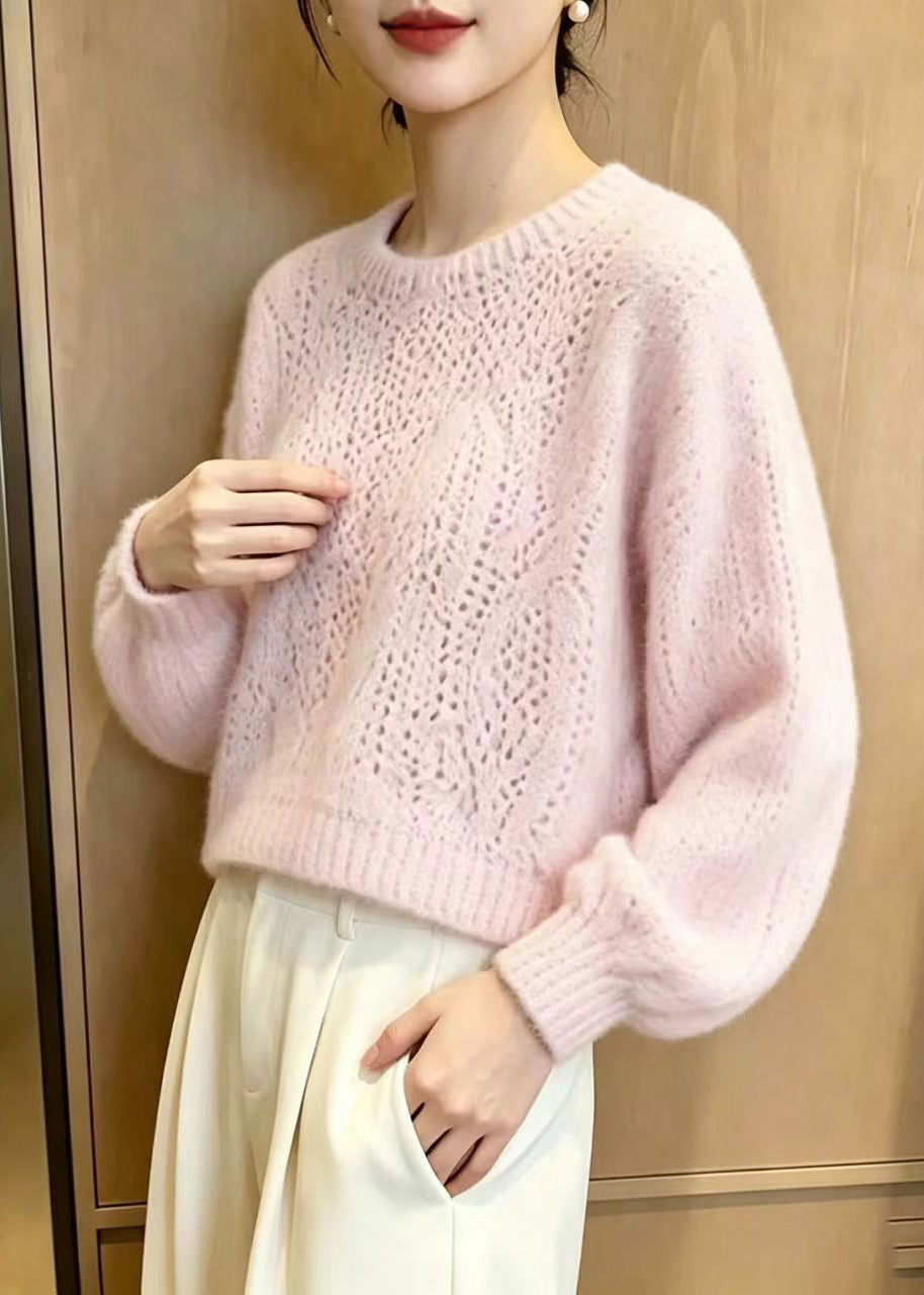 Unique Pink O-Neck Knit Short Sweater Long Sleeve