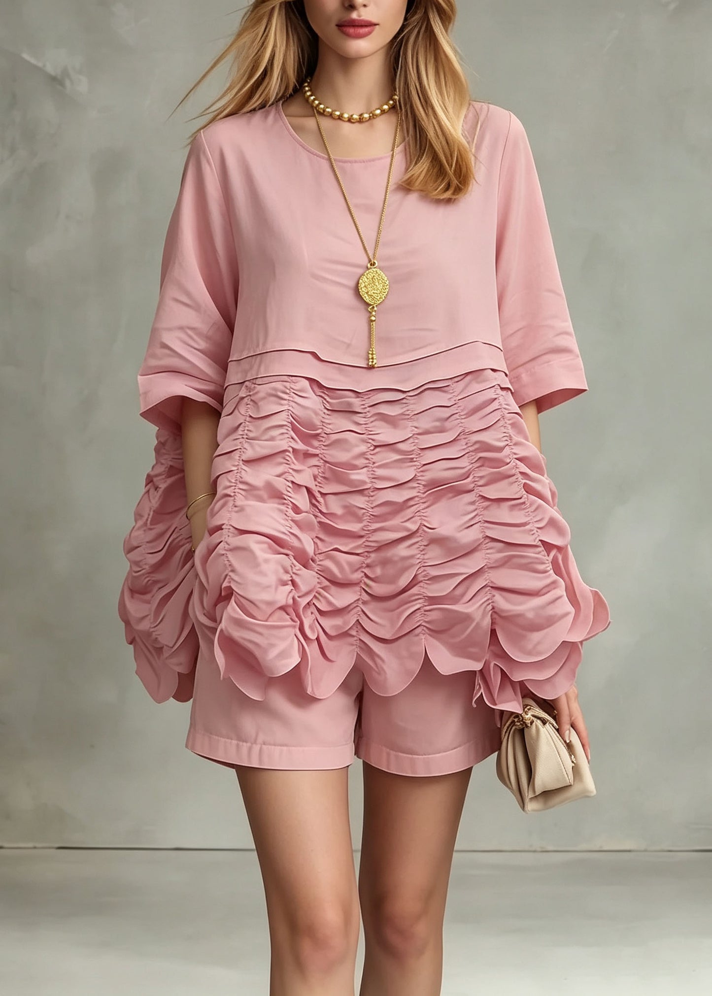 Unique Pink O Neck Wrinkled Patchwork Cotton Top Summer