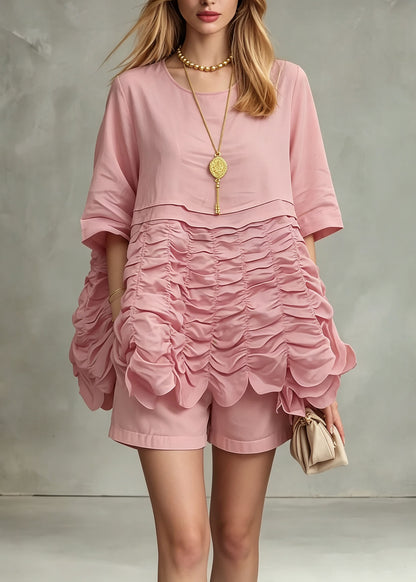 Unique Pink O Neck Wrinkled Patchwork Cotton Top Summer