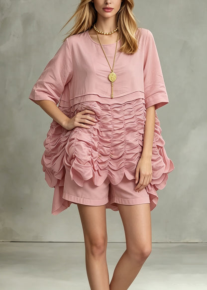 Unique Pink O Neck Wrinkled Patchwork Cotton Top Summer