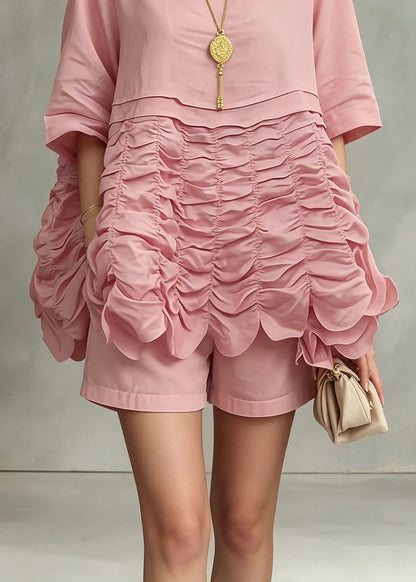 Unique Pink O Neck Wrinkled Patchwork Cotton Top Summer