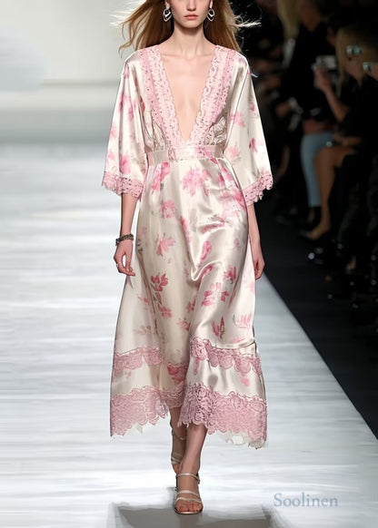 Unique Pink Print Patchwork Lace Silk Maxi Dresses Bracelet Sleeve