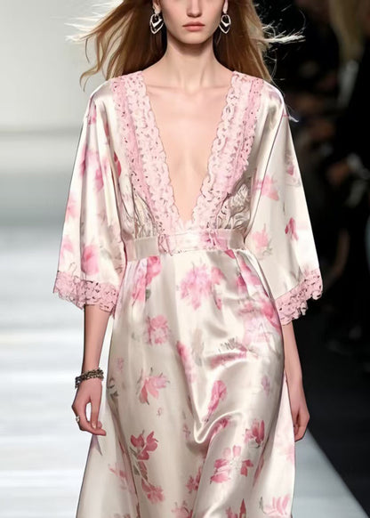 Unique Pink Print Patchwork Lace Silk Maxi Dresses Bracelet Sleeve