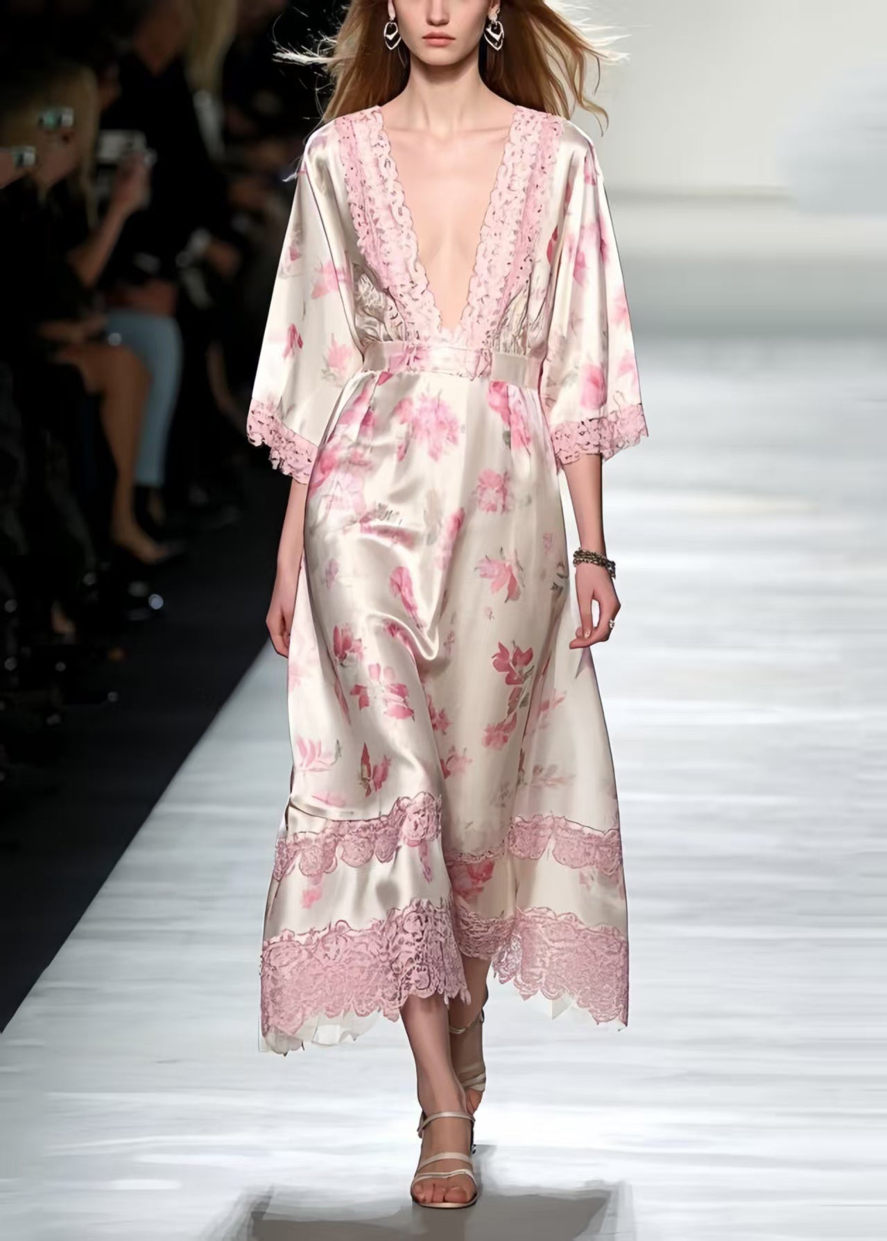 Unique Pink Print Patchwork Lace Silk Maxi Dresses Bracelet Sleeve