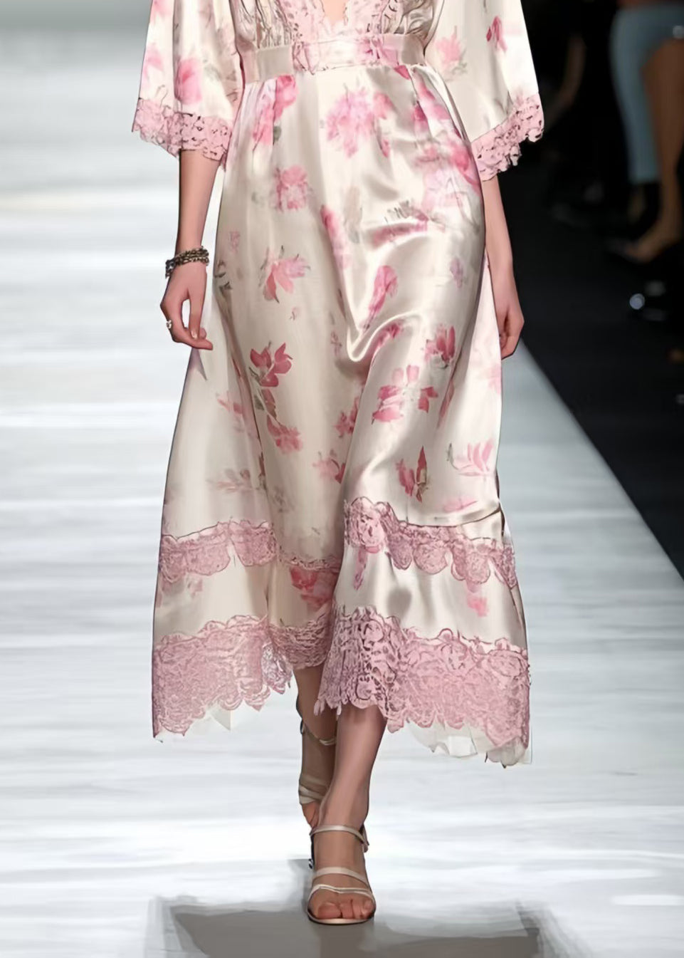 Unique Pink Print Patchwork Lace Silk Maxi Dresses Bracelet Sleeve