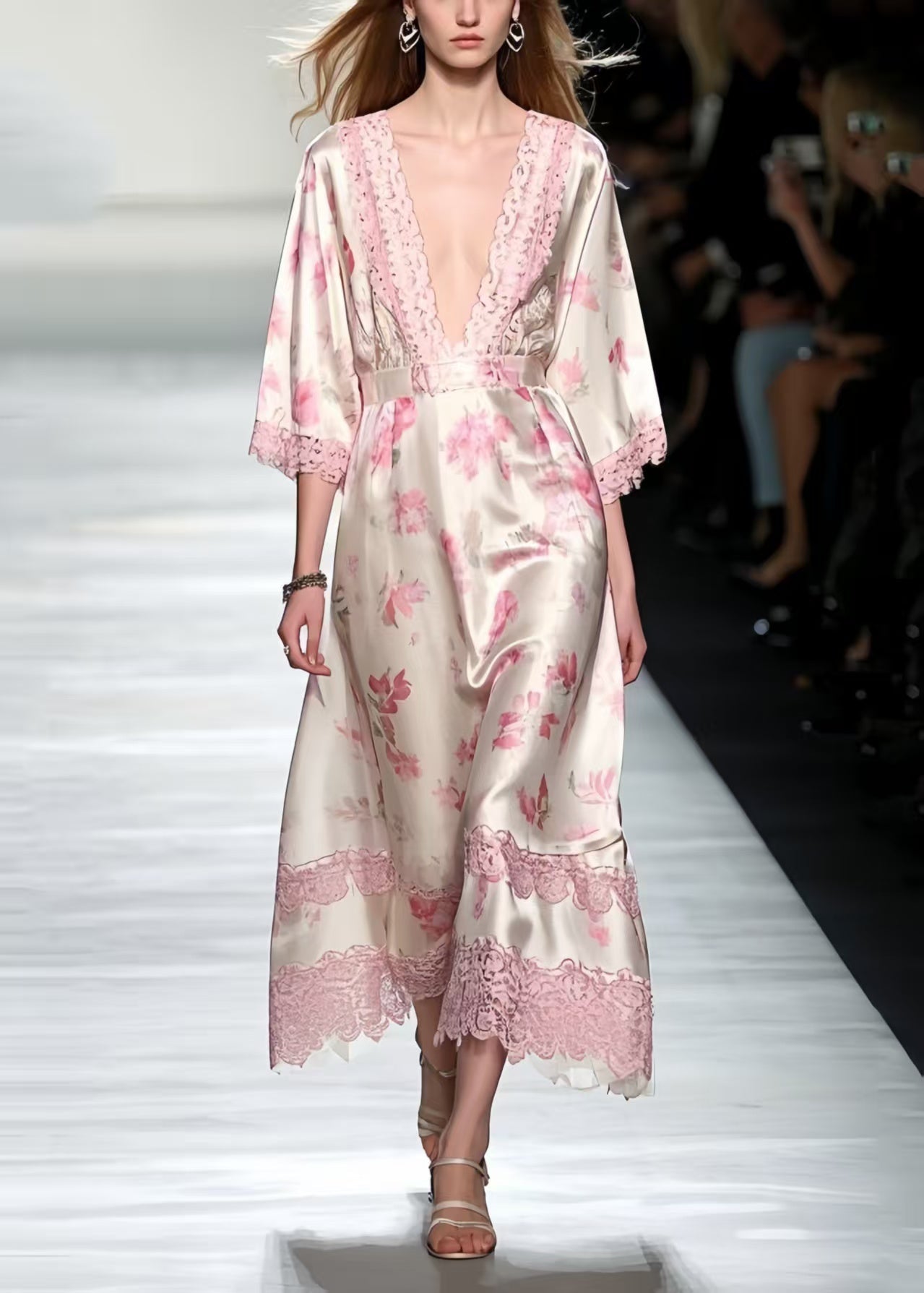 Unique Pink Print Patchwork Lace Silk Maxi Dresses Bracelet Sleeve