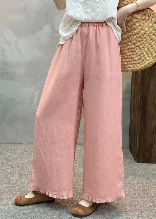 Unique Pink Ruffled Linen Straight Pants Summer