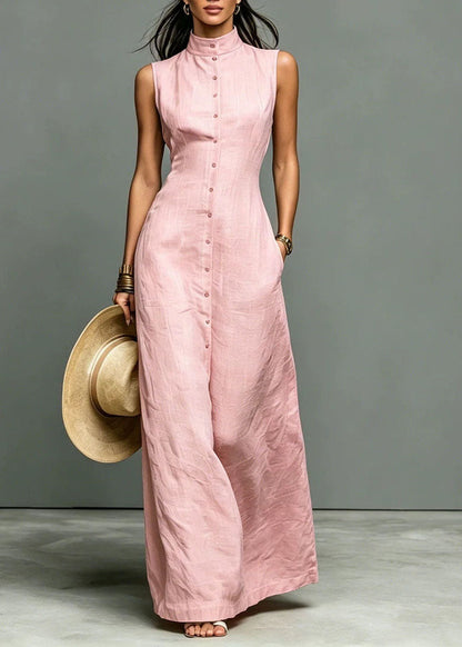 Unique Pink Stand Collar Cotton A Line Dresses Sleeveless