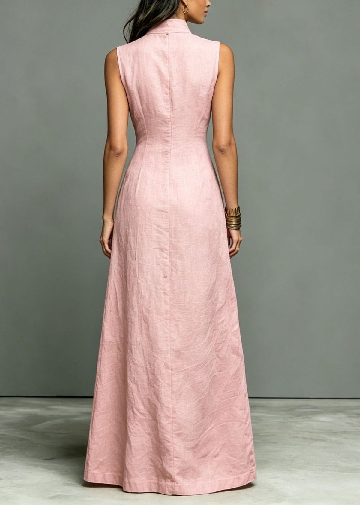 Unique Pink Stand Collar Cotton A Line Dresses Sleeveless
