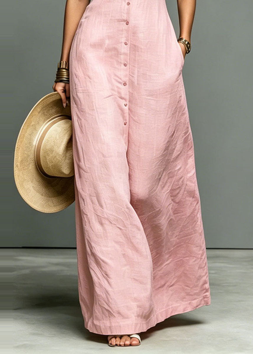 Unique Pink Stand Collar Cotton A Line Dresses Sleeveless