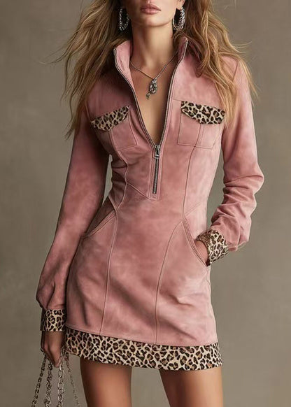 Unique Pink Stand Collar Patchwork Leopard Fake Two Piece Dresses Fall
