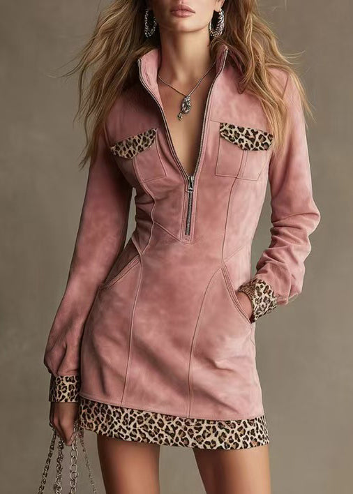 Unique Pink Stand Collar Patchwork Leopard Fake Two Piece Dresses Fall
