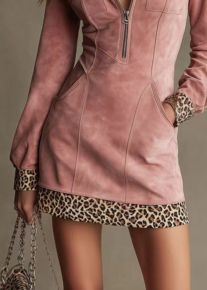 Unique Pink Stand Collar Patchwork Leopard Fake Two Piece Dresses Fall