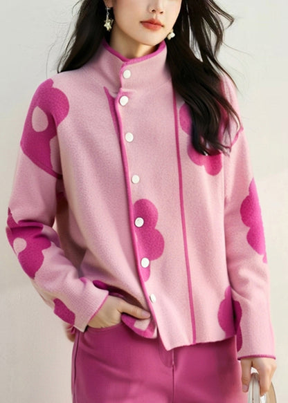 Unique Pink Stand Collar Print Cotton Knit Cardigans Spring