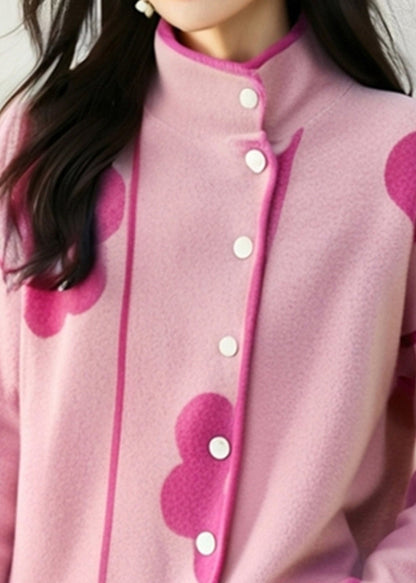 Unique Pink Stand Collar Print Cotton Knit Cardigans Spring
