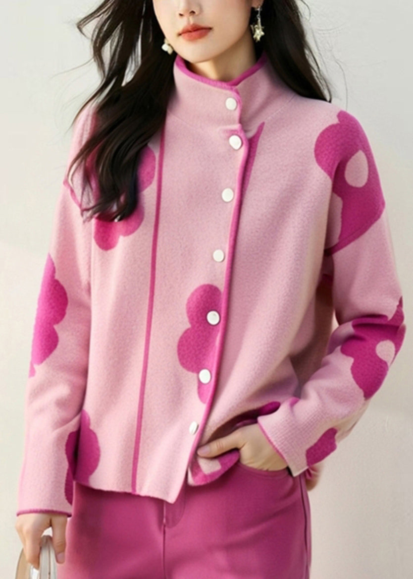 Unique Pink Stand Collar Print Cotton Knit Cardigans Spring