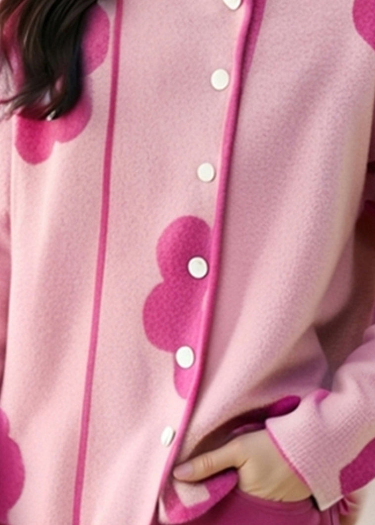 Unique Pink Stand Collar Print Cotton Knit Cardigans Spring