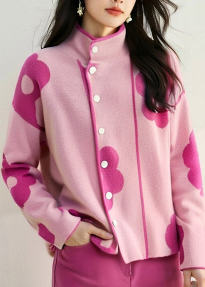 Unique Pink Stand Collar Print Cotton Knit Cardigans Spring