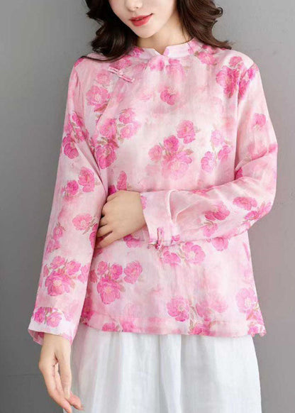 Unique Pink Stand Collar Print Linen Shirt Tops Spring