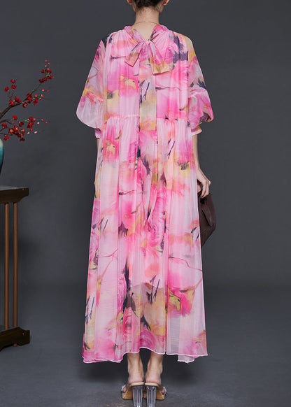 Unique Pink Turtle Neck Print Chiffon Dress Lantern Sleeve