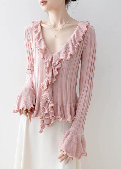 Unique Pink V Neck Ruffled Patchwork Knit Top Spring