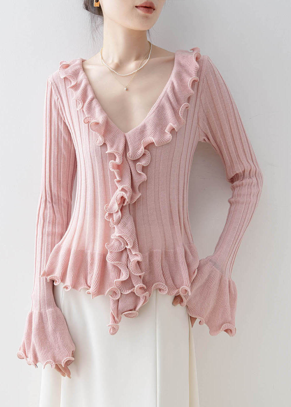 Unique Pink V Neck Ruffled Patchwork Knit Top Spring