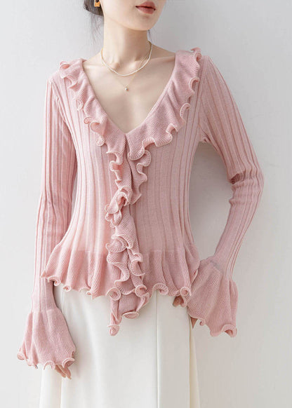 Unique Pink V Neck Ruffled Patchwork Knit Top Spring