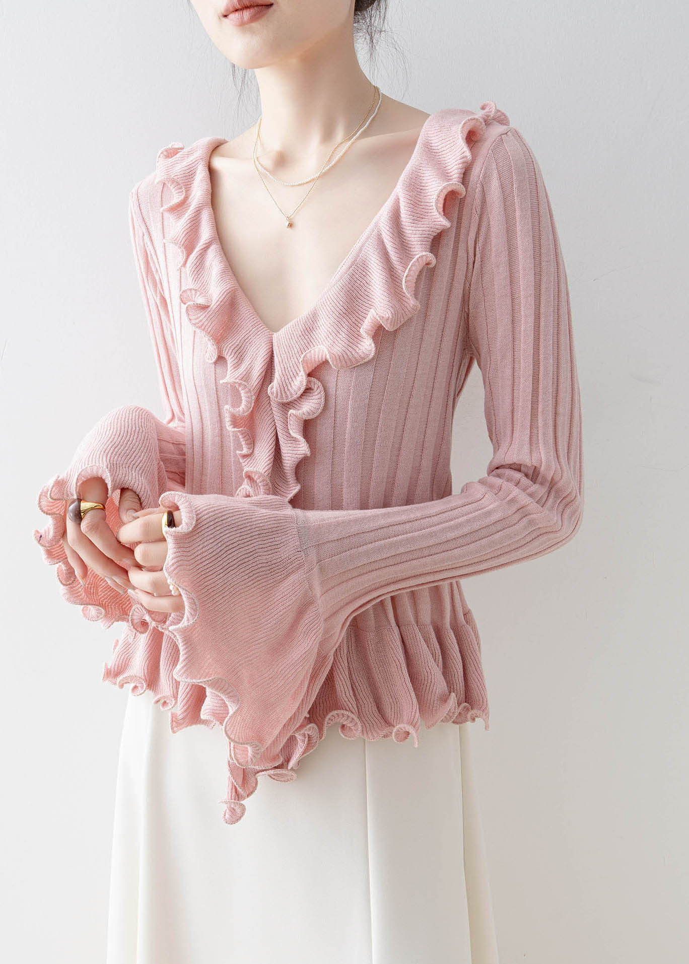 Unique Pink V Neck Ruffled Patchwork Knit Top Spring