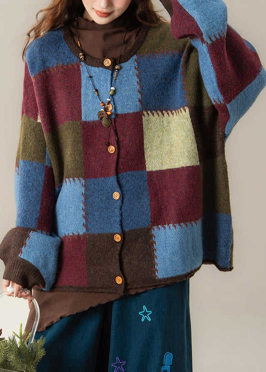 Unique Plaid Button Patchwork Oversized Knit Coats Spring