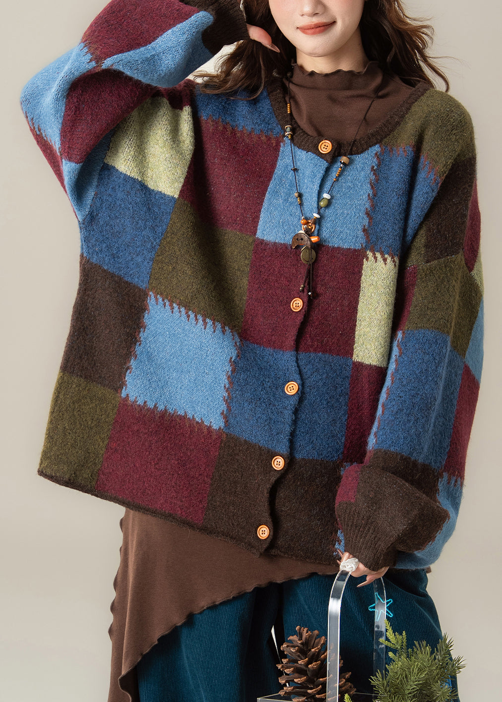 Unique Plaid Button Patchwork Oversized Knit Coats Spring