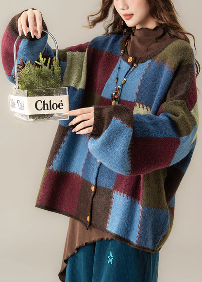 Unique Plaid Button Patchwork Oversized Knit Coats Spring