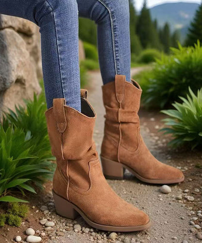 Unique Pointed Toe Chunky Boots Khaki Faux Leather