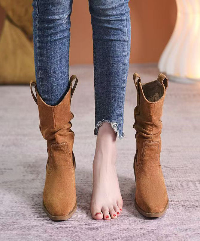 Unique Pointed Toe Chunky Boots Khaki Faux Leather