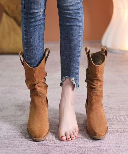 Unique Pointed Toe Chunky Boots Khaki Faux Leather