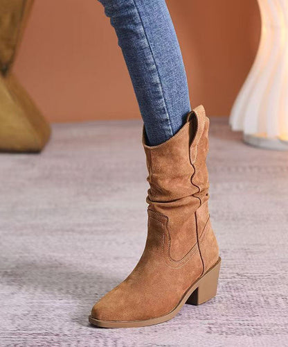 Unique Pointed Toe Chunky Boots Khaki Faux Leather
