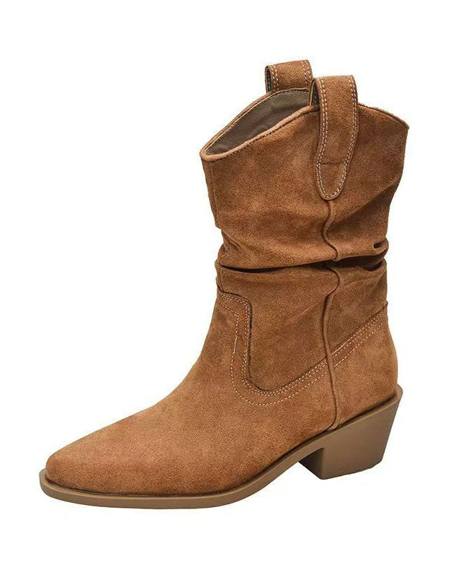 Unique Pointed Toe Chunky Boots Khaki Faux Leather